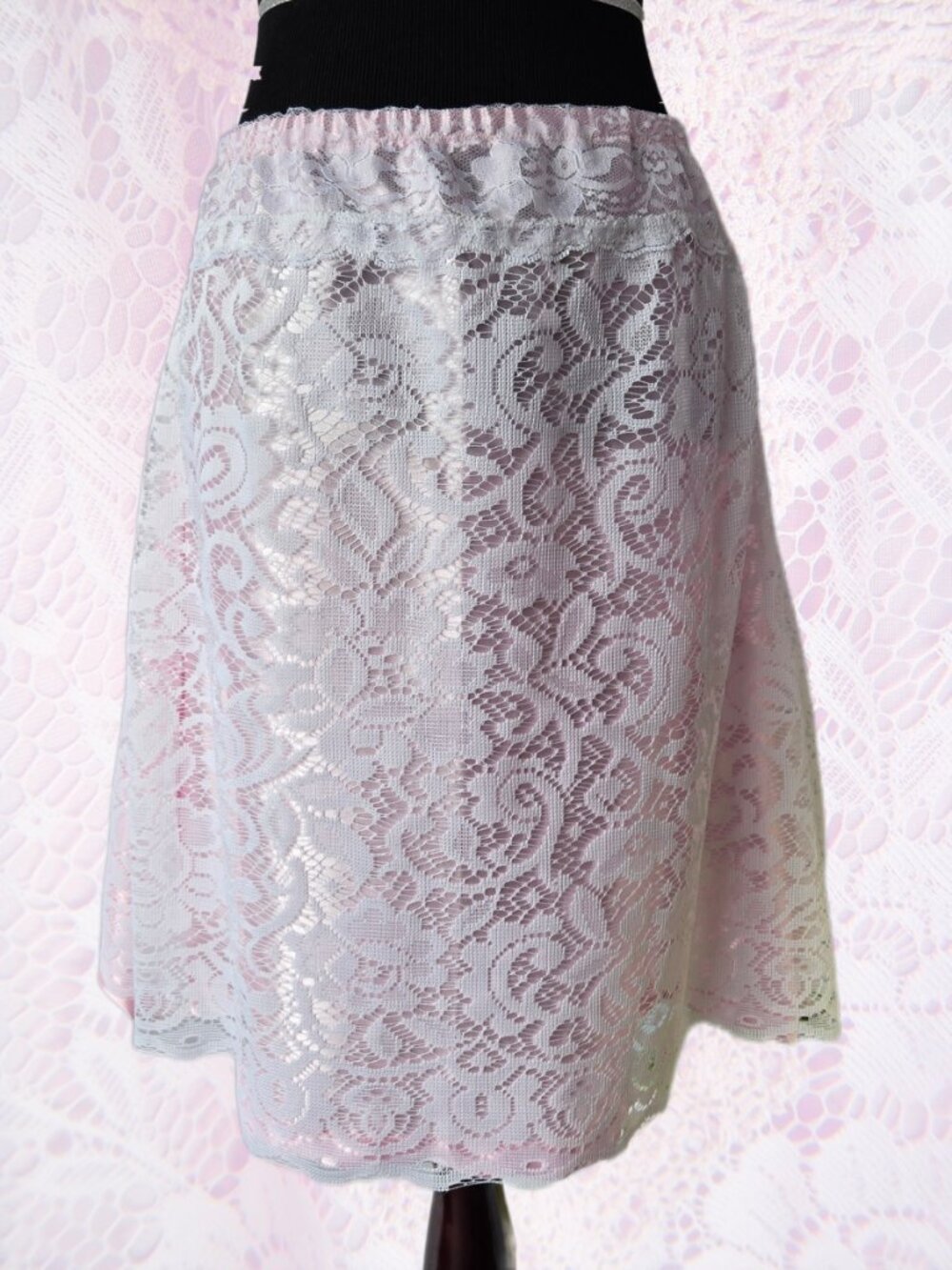 Handmade Pink Satin and White Lace Midi-length Skirt Small Med Romantic Coquette